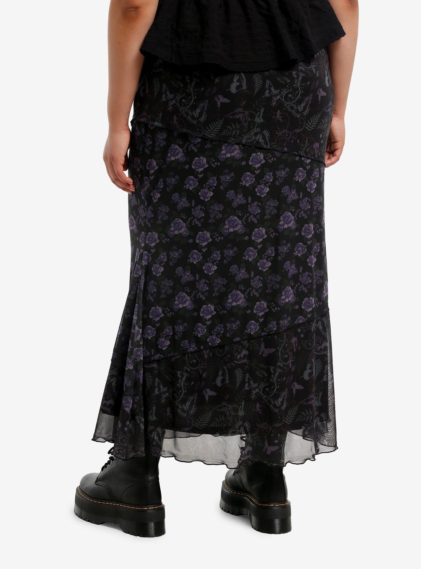 Thorn & Fable Purple Floral Midaxi Skirt Plus Size, , hi-res