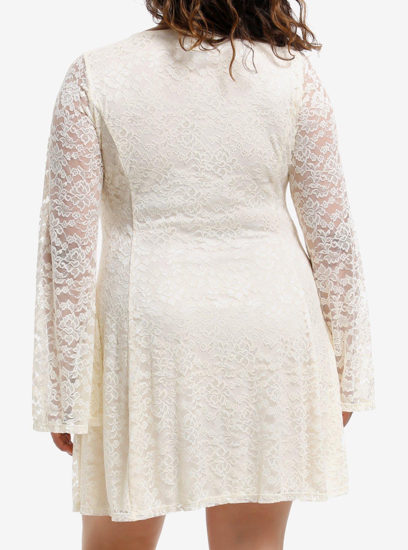 Thorn & Fable Cream Lace Bell Sleeve Dress Plus Size, , alternate