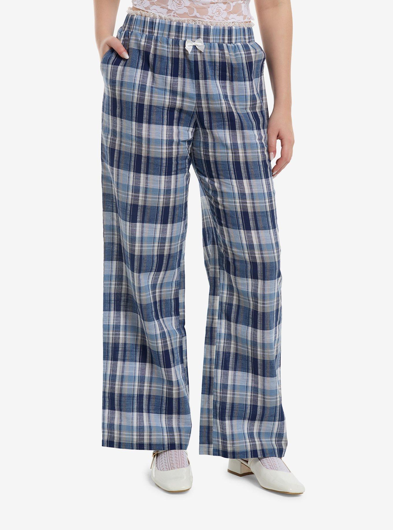 Sweet Society Blue Plaid Lace Heart Lounge Pants, , hi-res