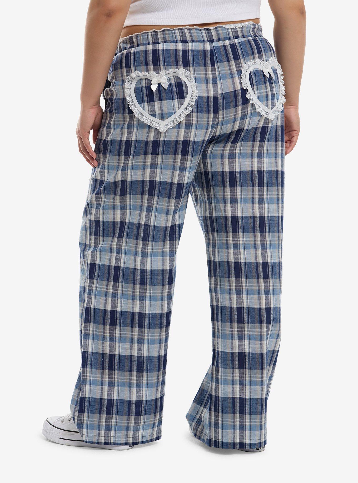 Sweet Society Blue Plaid Lace Heart Lounge Pants Plus Size, , hi-res