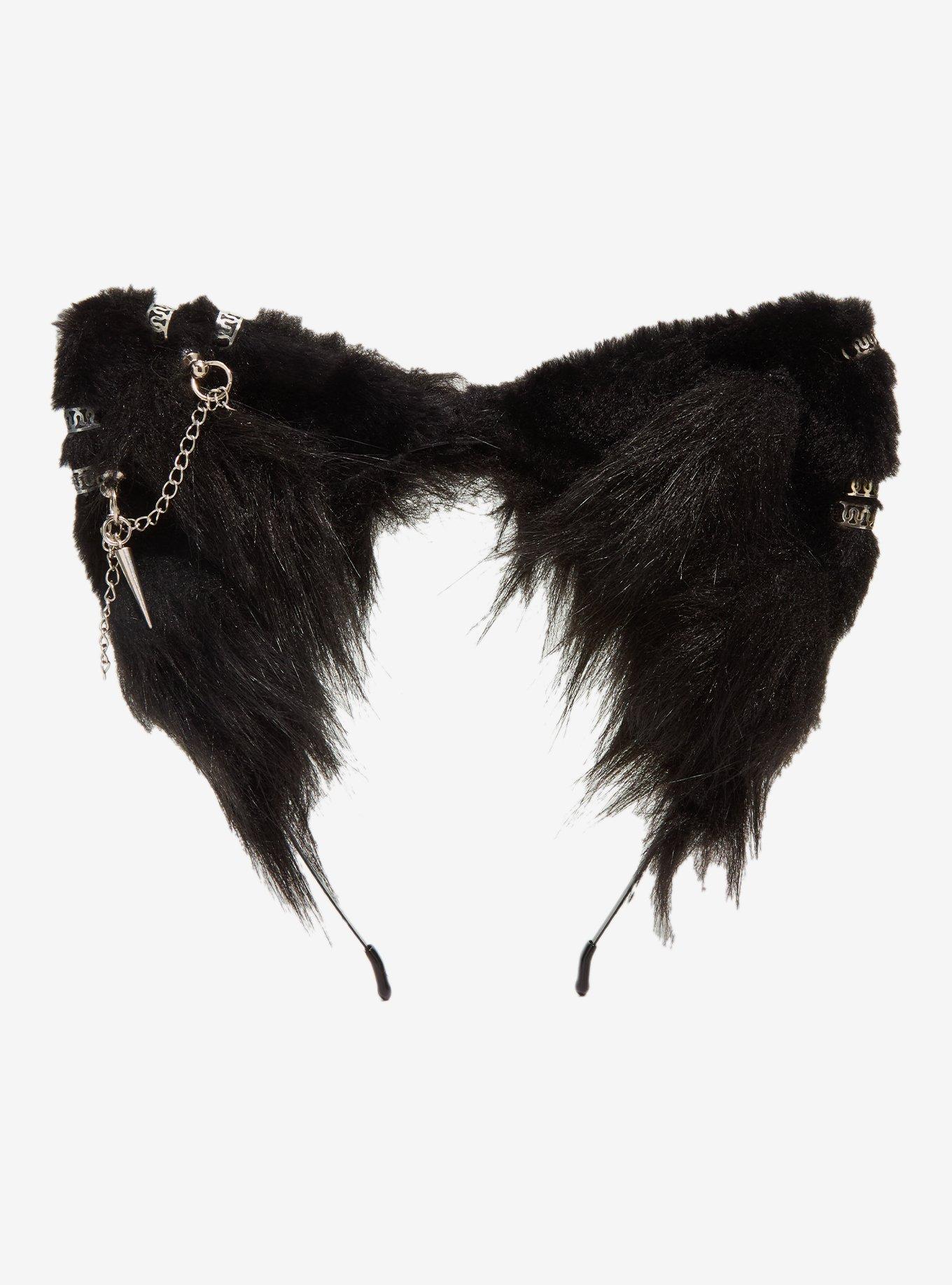 Black Pierced Chain Cat Ear Headband, , hi-res