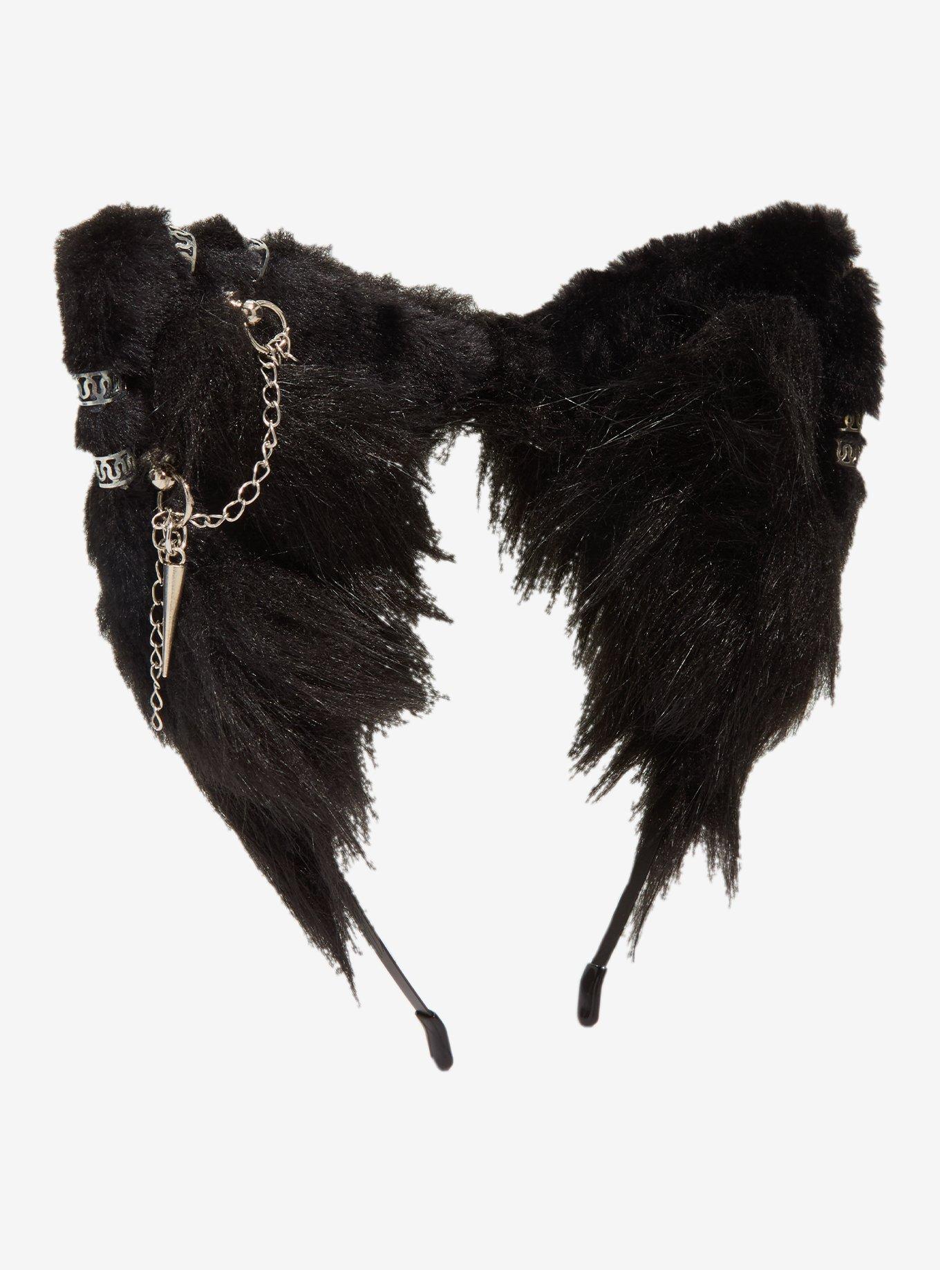 Black Pierced Chain Cat Ear Headband, , alternate