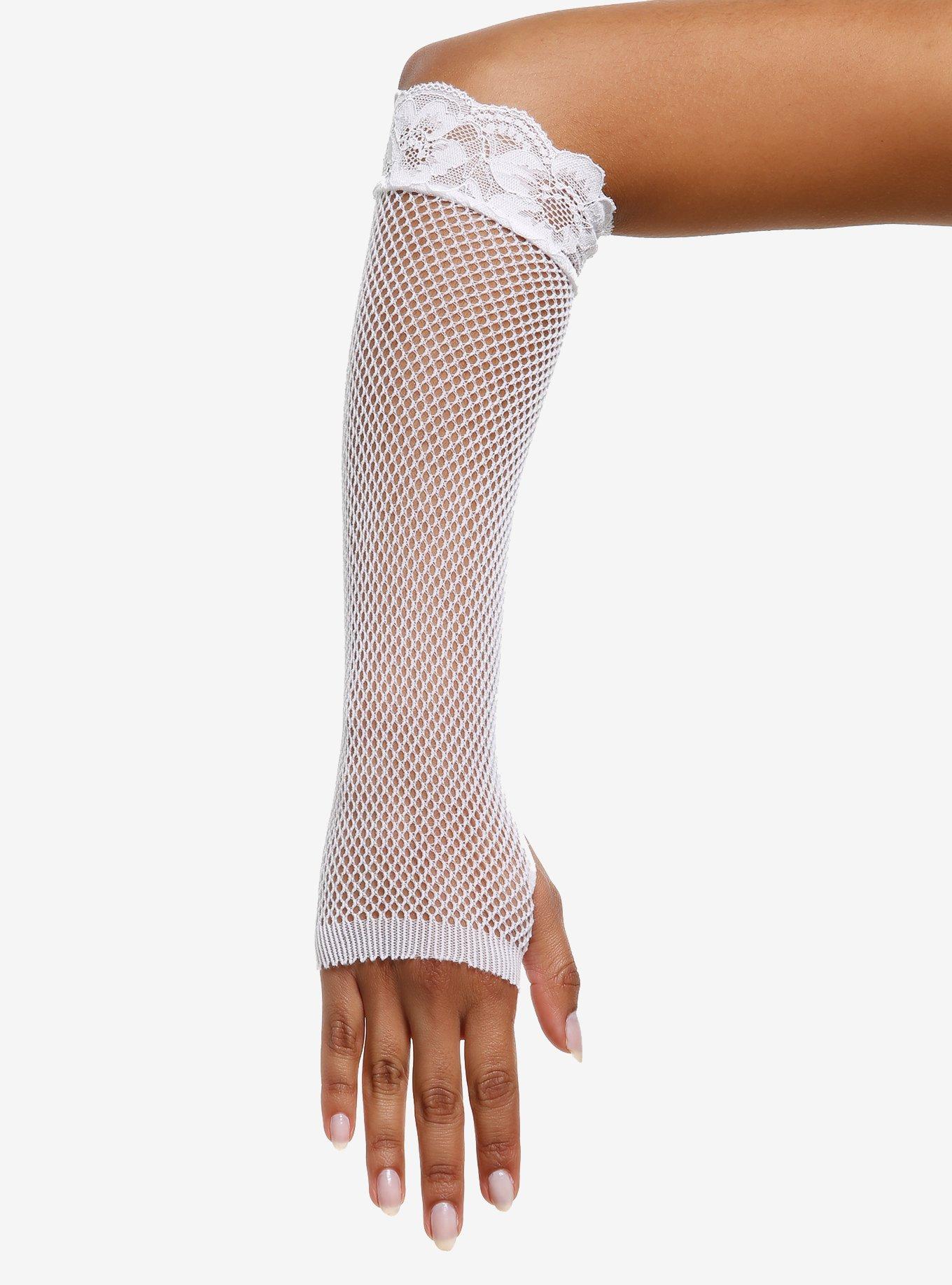 White Lace Trim Fishnet Arm Warmers, , hi-res