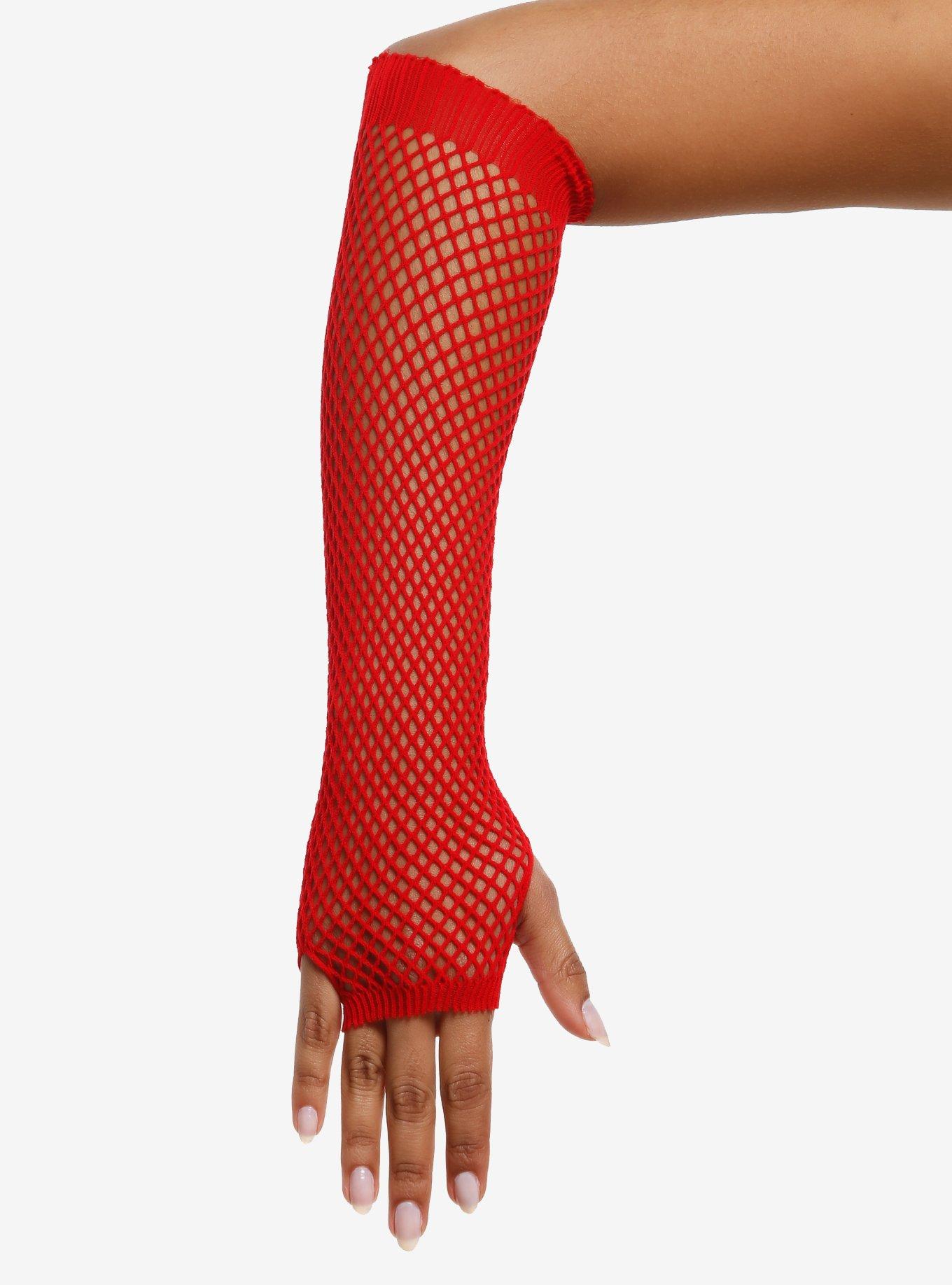 Black & Red Mismatch Fishnet Arm Warmers, , hi-res
