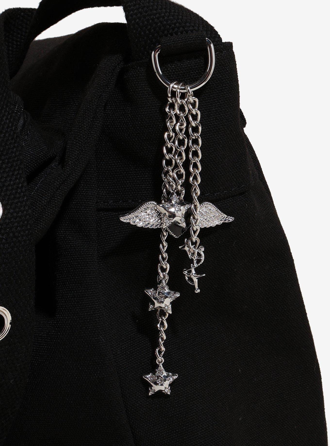 Black Trinket Display Grommet Charm Messenger Bag, , alternate