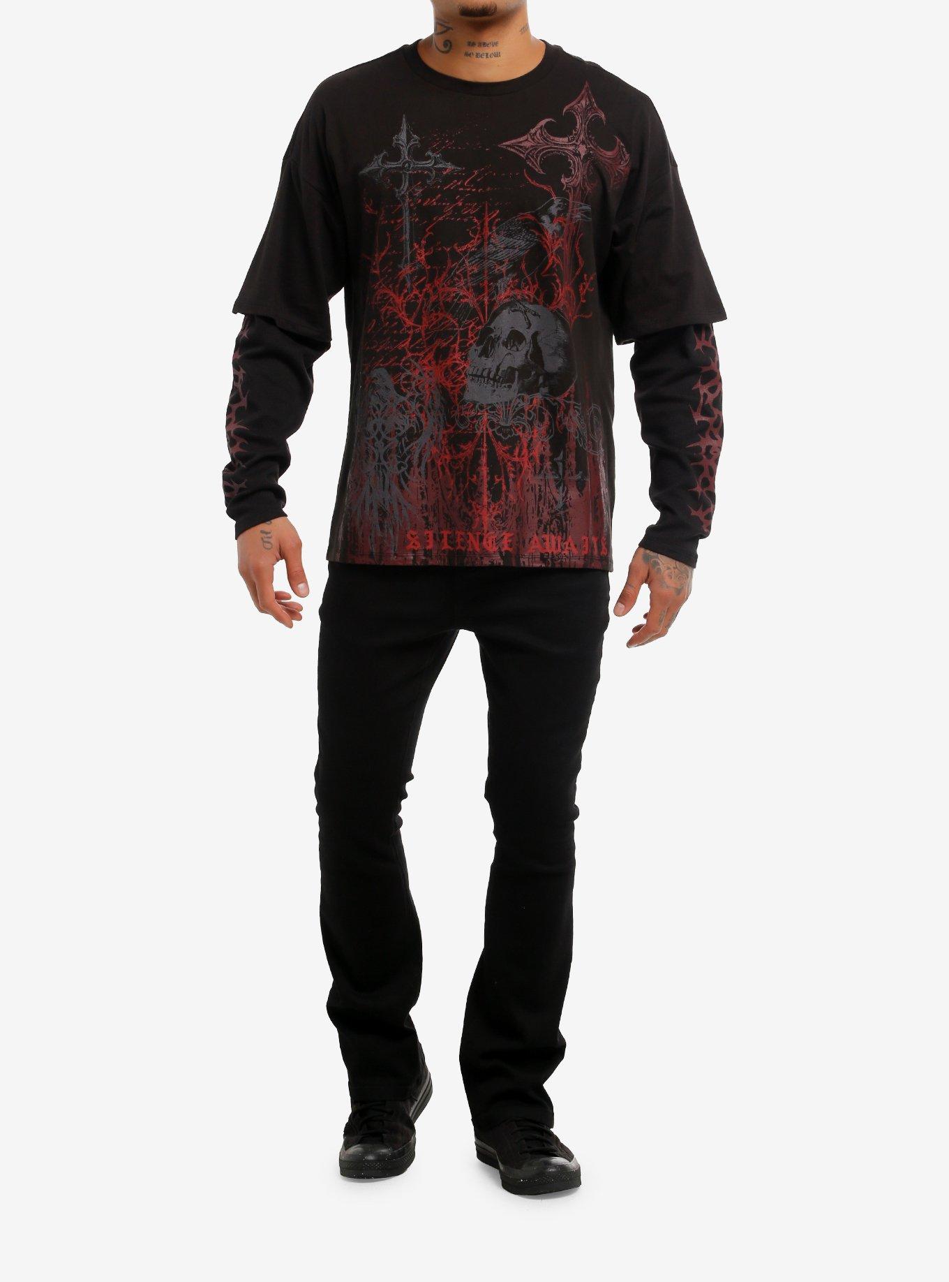 Black Skull & Gothic Cross Twofer Long-Sleeve T-Shirt, , hi-res