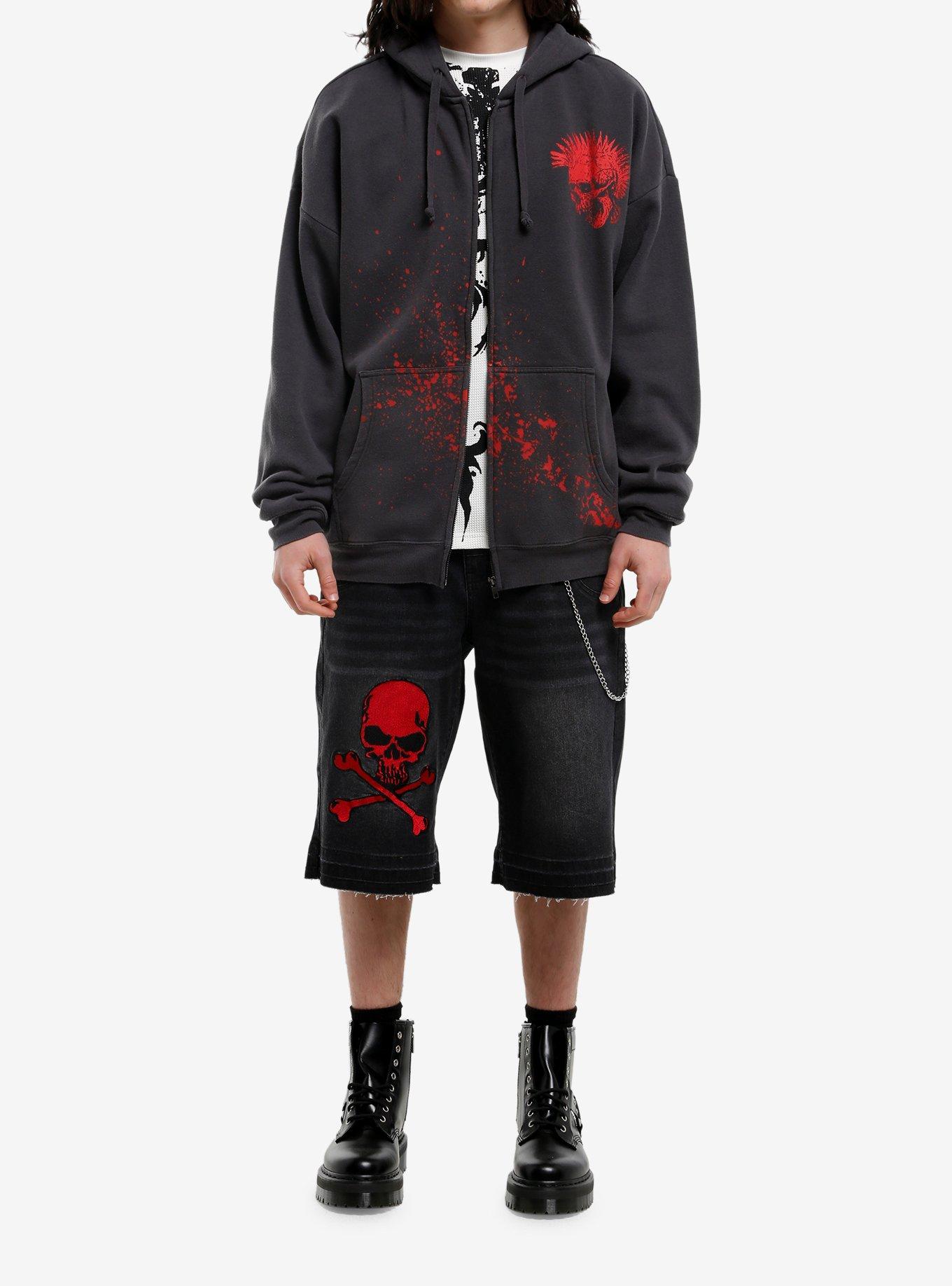 Red Punk Skull Splatter Hoodie, RED, alternate