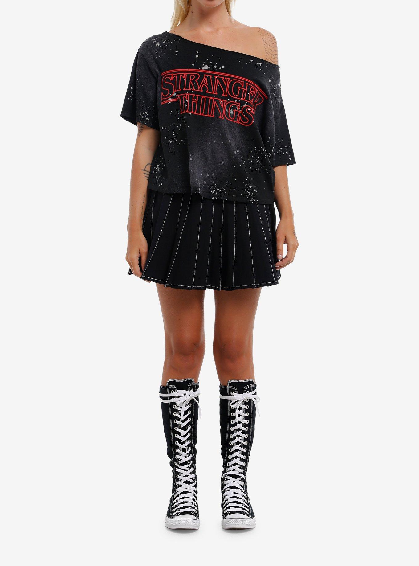 Stranger Things Logo Splatter Girls Off-The-Shoulder T-Shirt, , hi-res