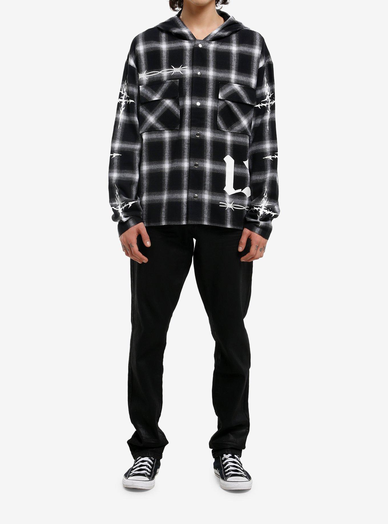 Black & White Grunge Icons Hooded Flannel, , hi-res