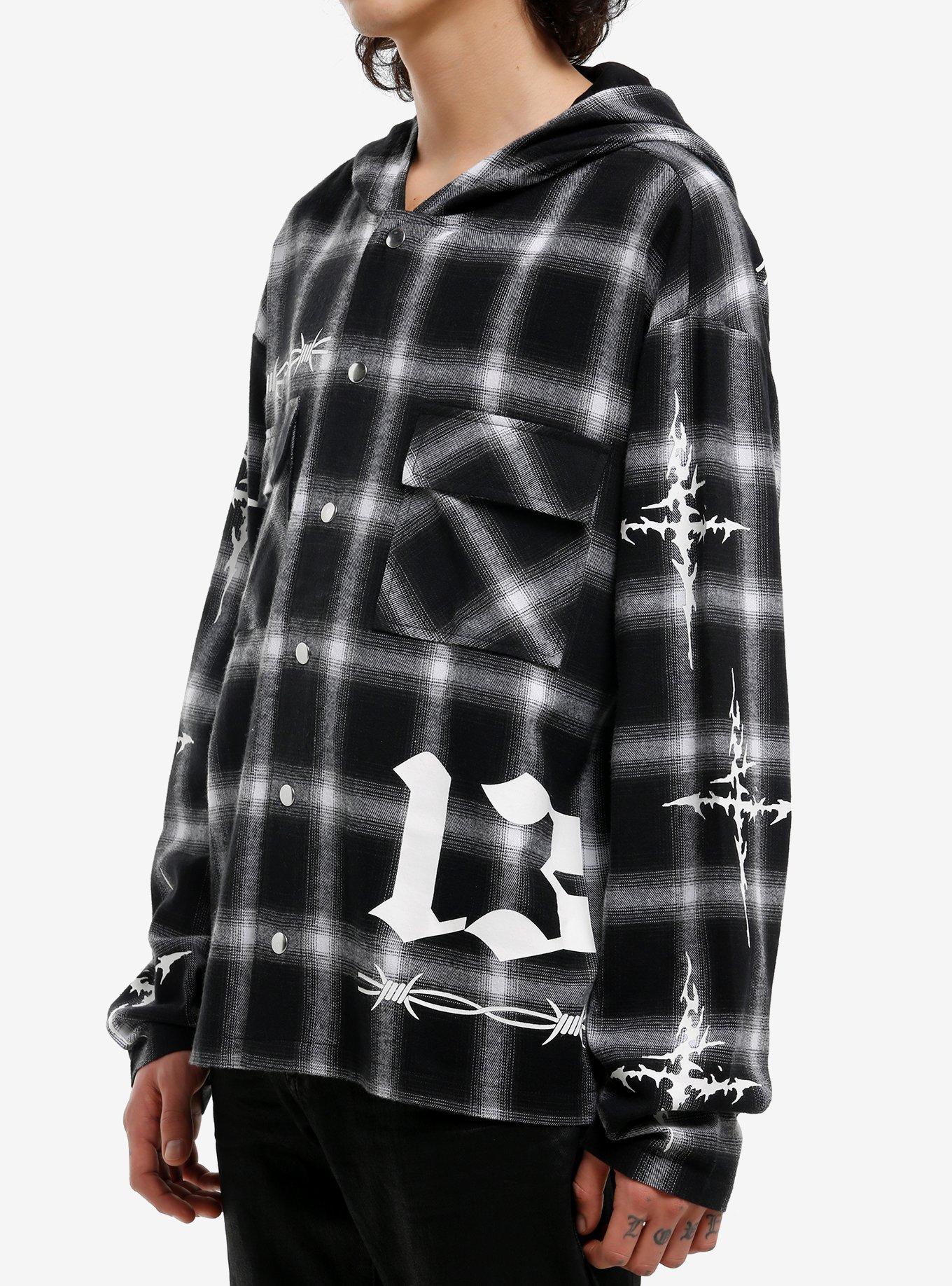 Black & White Grunge Icons Hooded Flannel, , alternate