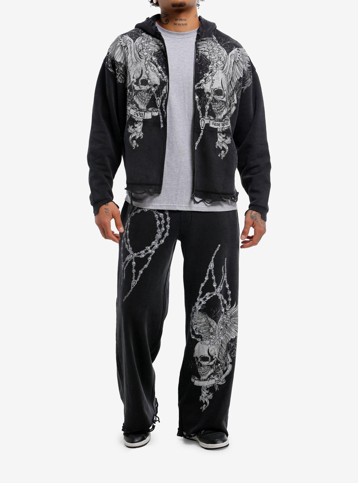 Winged Skull Rosary Hoodie, GREY, alternate