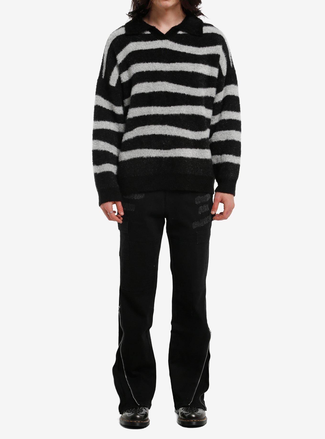 Black & Grey Stripe Fuzzy Collar Sweater, , hi-res