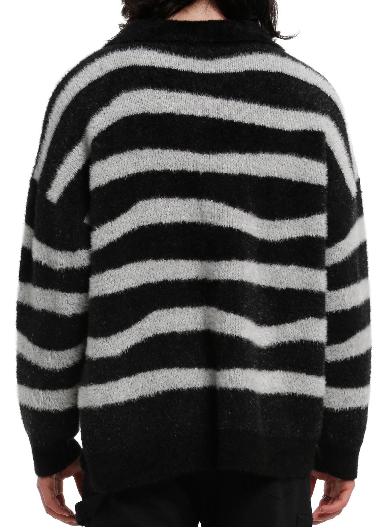 Black & Grey Stripe Fuzzy Collar Sweater, , alternate