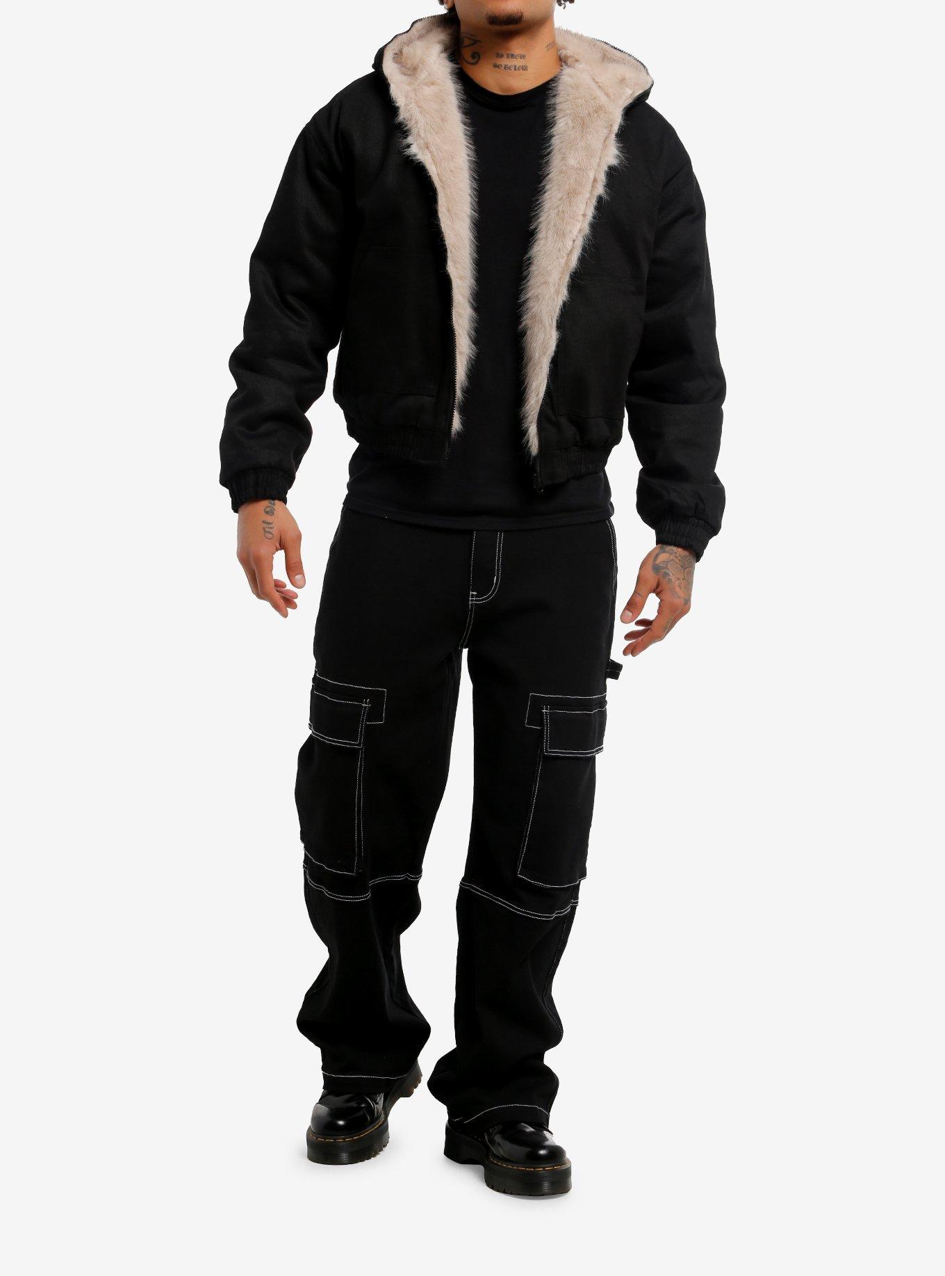 Black Denim Faux Fur Hooded Bomber Jacket, , hi-res