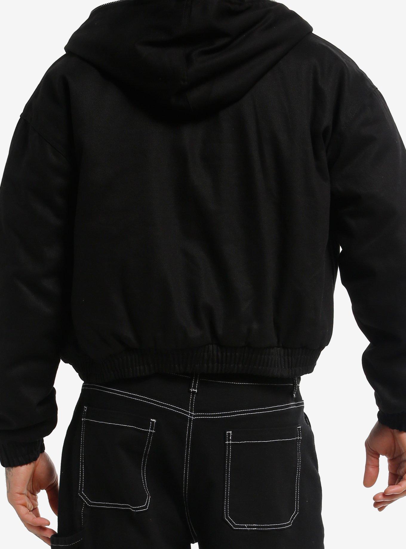 Black Denim Faux Fur Hooded Bomber Jacket, BLACK, alternate