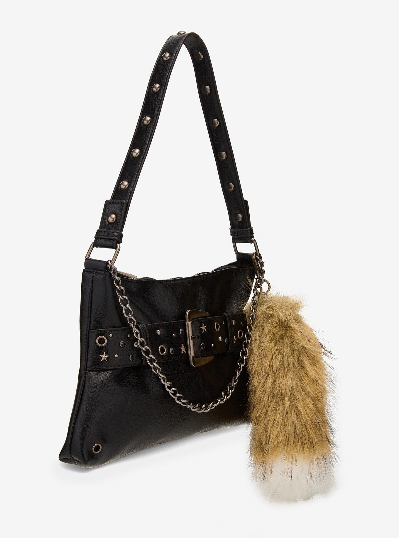 Black Buckle Chain Fox Tail Shoulder Bag, , hi-res