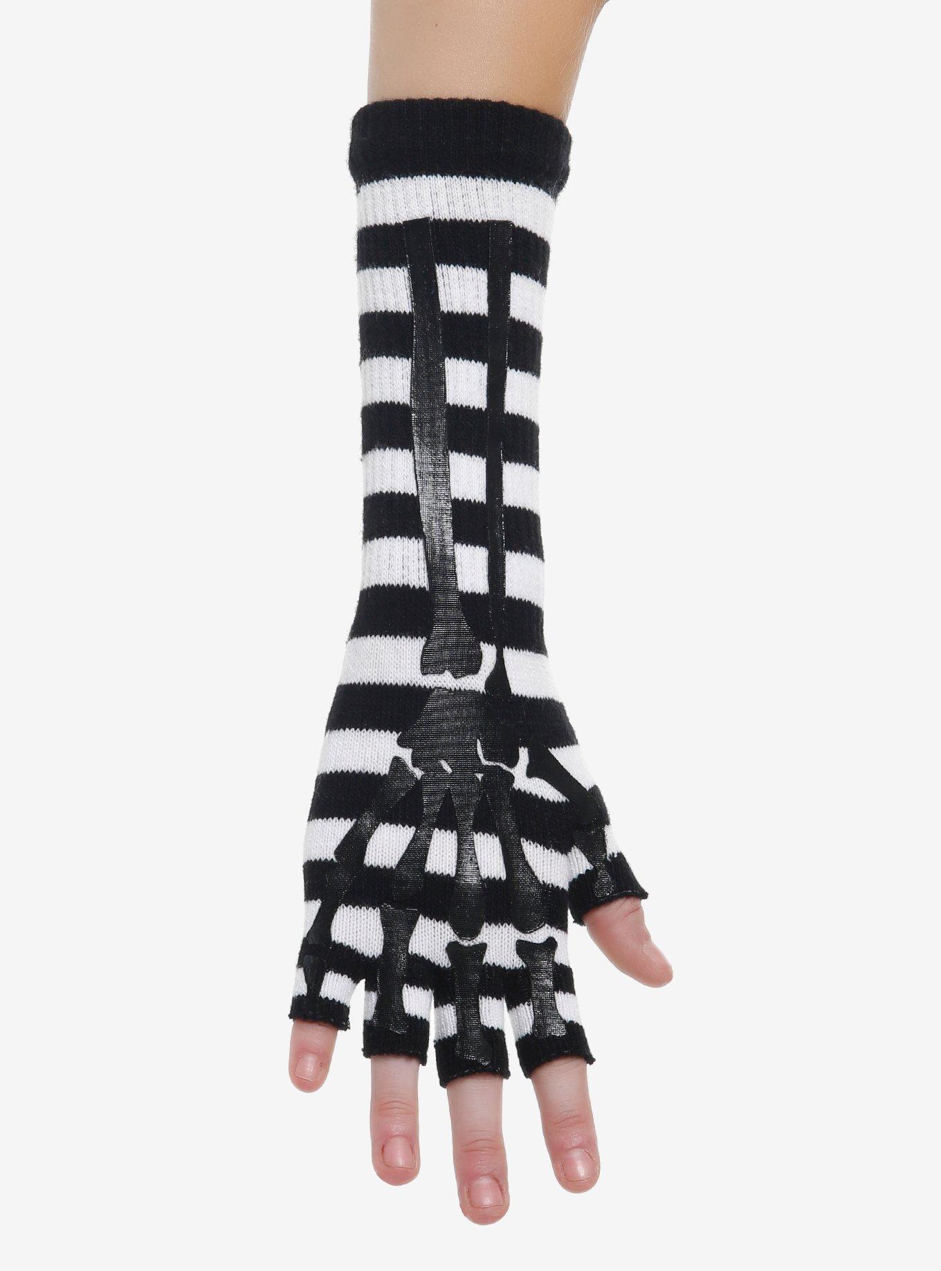 Black & White Stripe Skeleton Fingerless Gloves, , hi-res