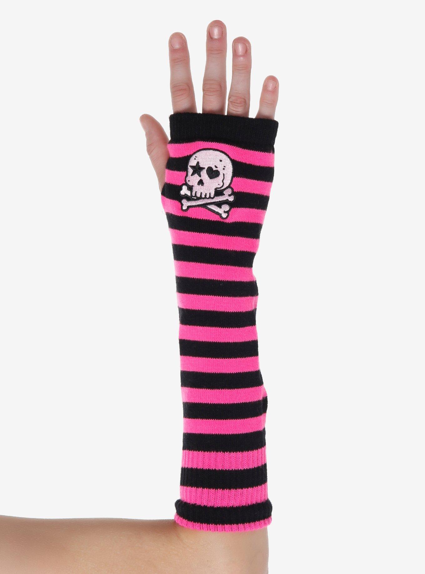 Pink & Black Stripe Skull & Crossbones Arm Warmers, , hi-res