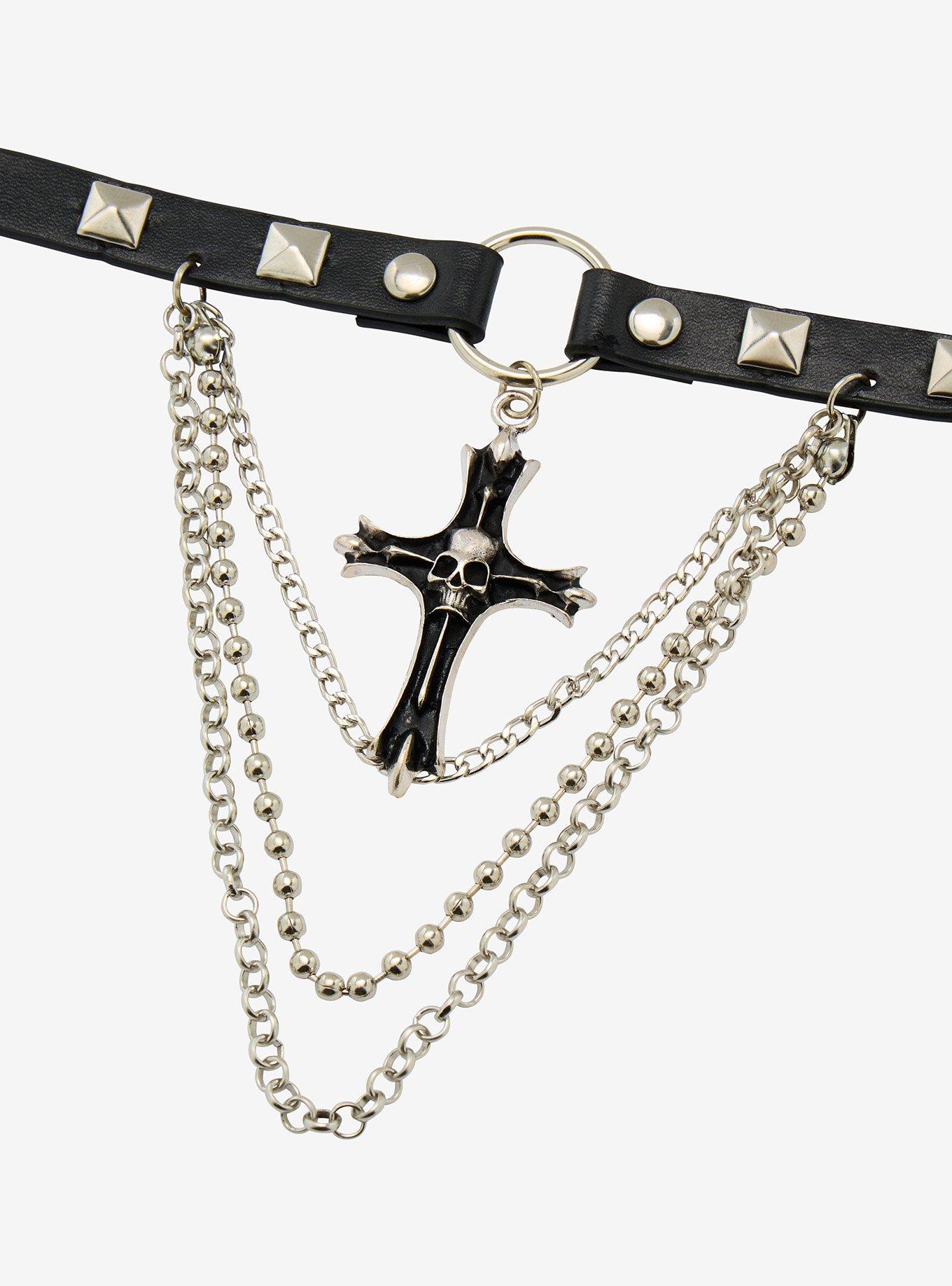 Skull Cross Studded Choker, , hi-res