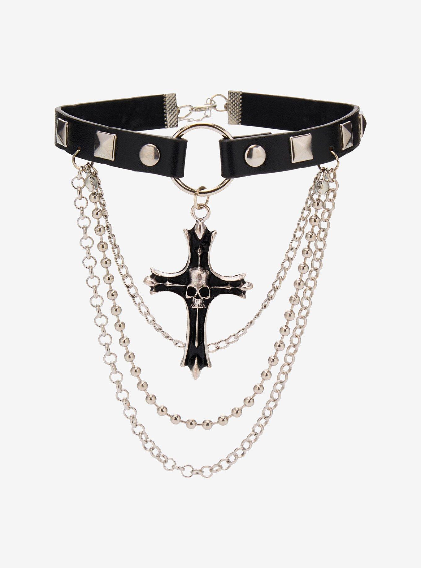 Skull Cross Studded Choker, , alternate