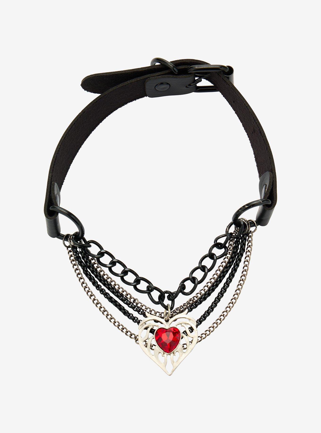 Heart Chrome Frame Faux Leather Choker, , alternate