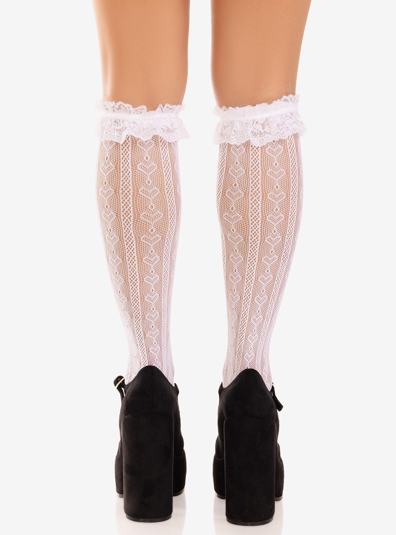 Sweetheart Knit Knee Highs with Lace Ruffle Cuff, , hi-res