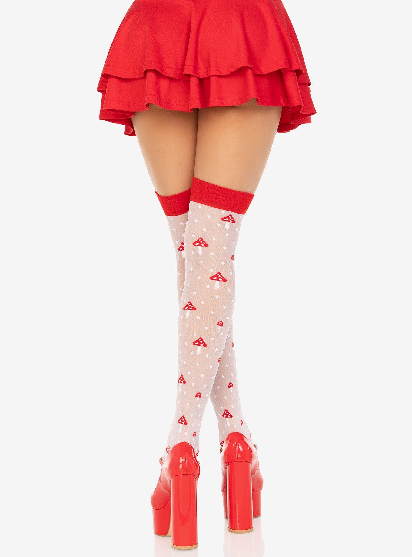 Spandex Sheer Polka Dot Mushroom Thigh Highs, , hi-res