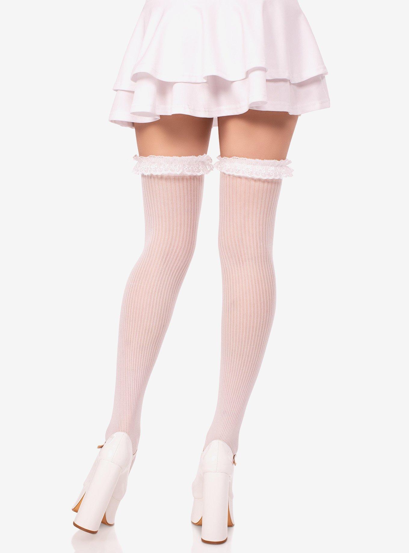 Lace Garter Sheer Striped Thigh Highs with Satin Bow Accent, , hi-res