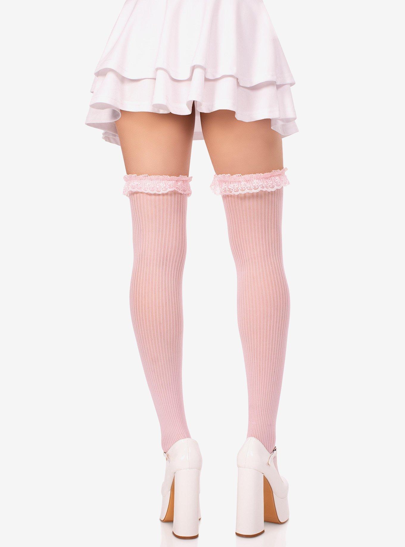 Lace Garter Sheer Striped Thigh Highs with Satin Bow Accent, , hi-res