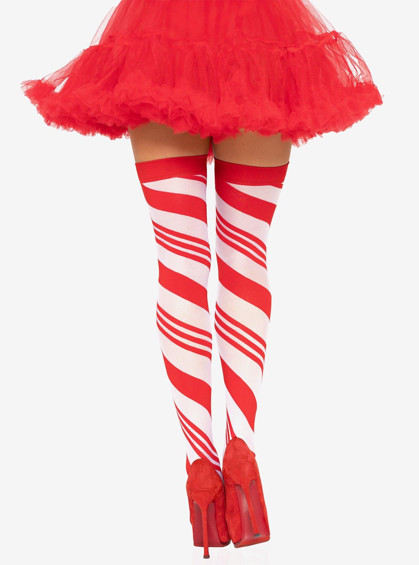 Spandex Sheer Candy Cane Striped Thigh Highs, , alternate