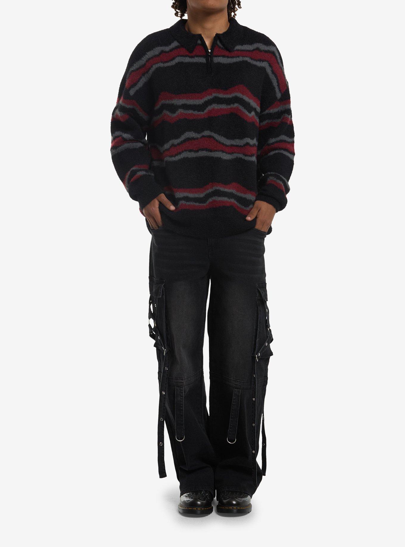 Black Red & Grey Warped Stripe Sweater, , hi-res