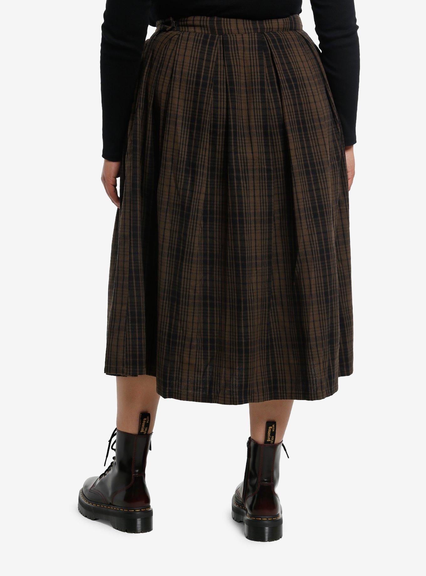 Thorn & Fable Brown & Black Plaid Midi Skirt Plus Size, , hi-res