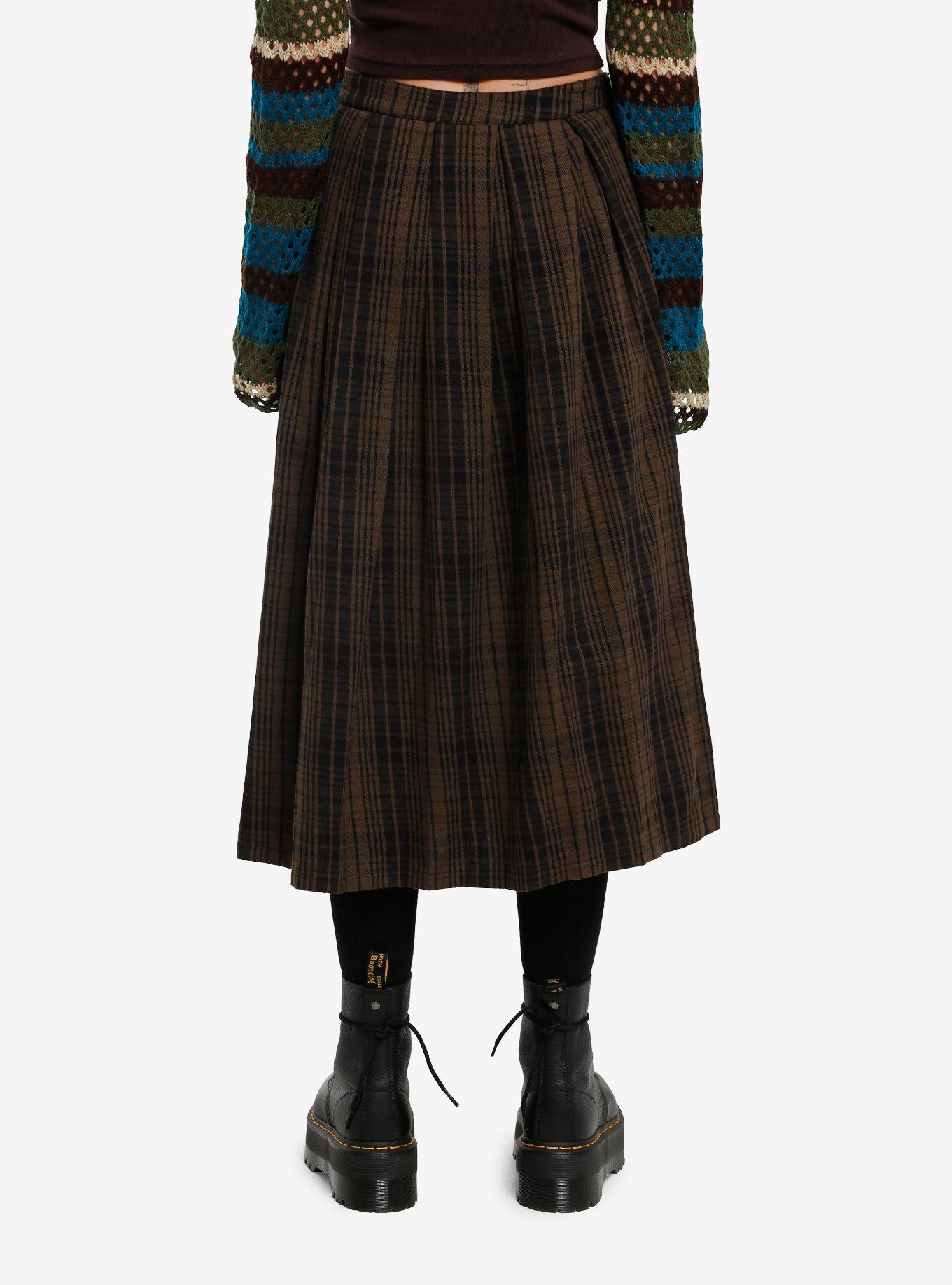 Thorn & Fable Brown & Black Plaid Midi Skirt, , hi-res