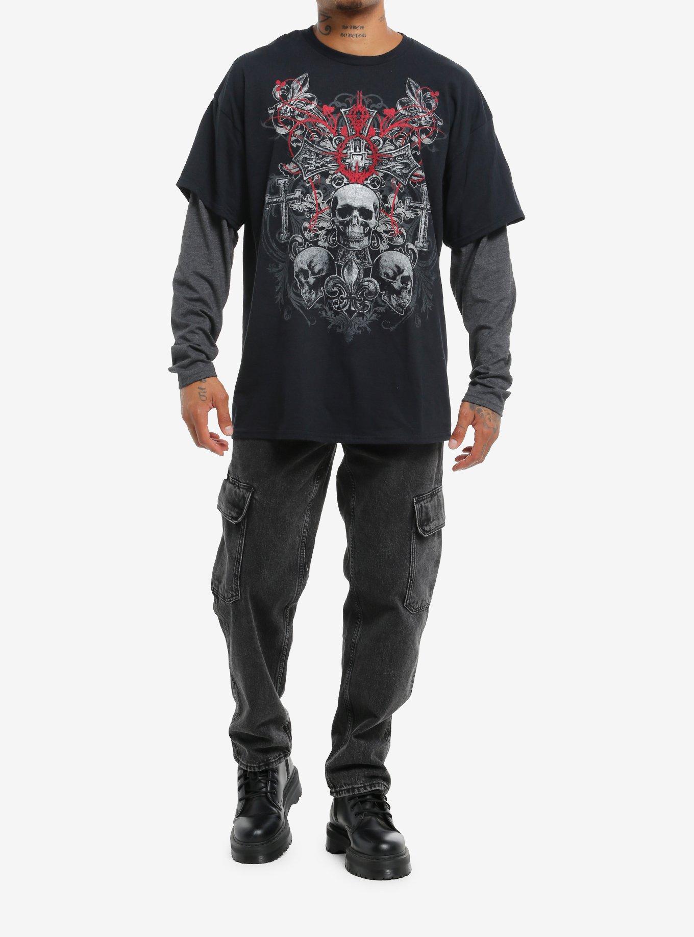 Black & Grey Skull Cross Oversized Twofer Long-Sleeve T-Shirt, , hi-res