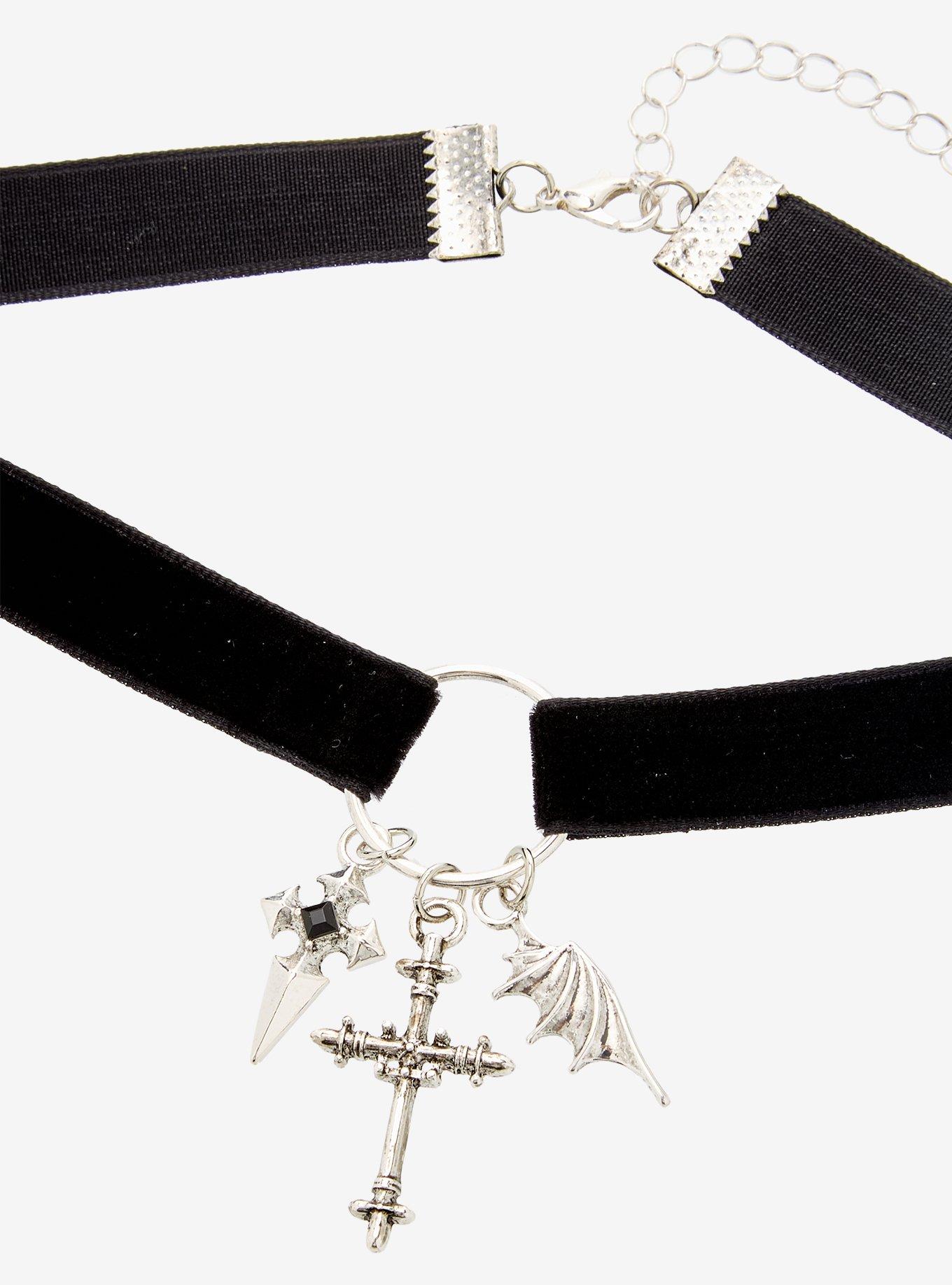 Cross Pendant Bat Wing Choker, , alternate