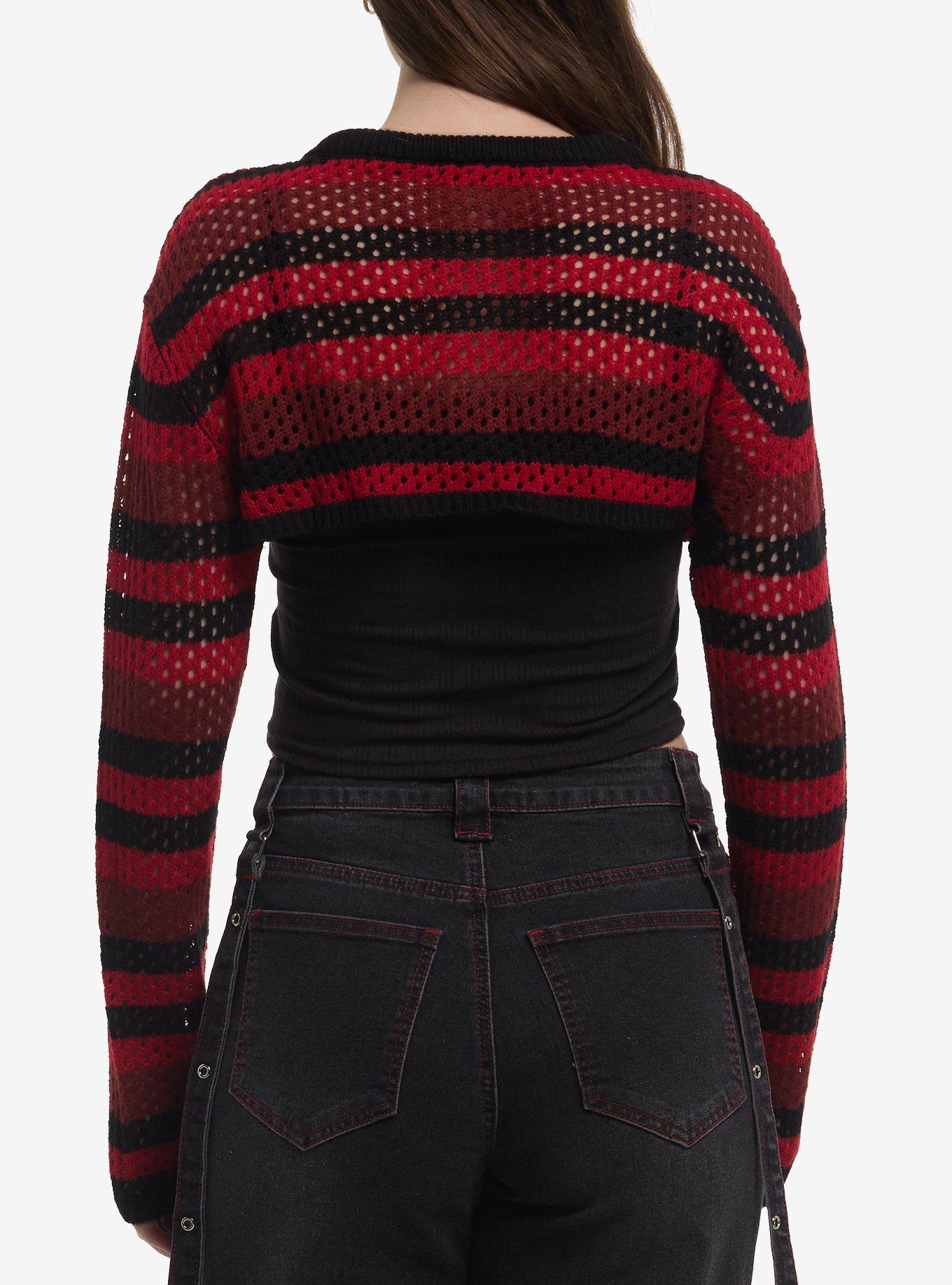 Black & Red Stripe Girls Knit Shrug, , hi-res