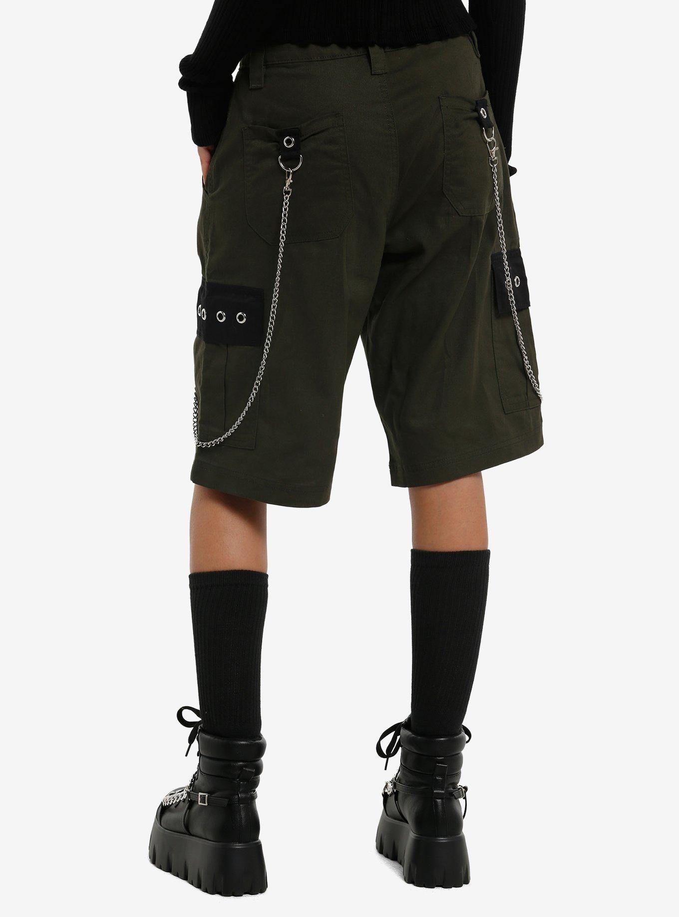 Social Collision Olive Green Grommet Chain Suspender Cargo Shorts, , hi-res