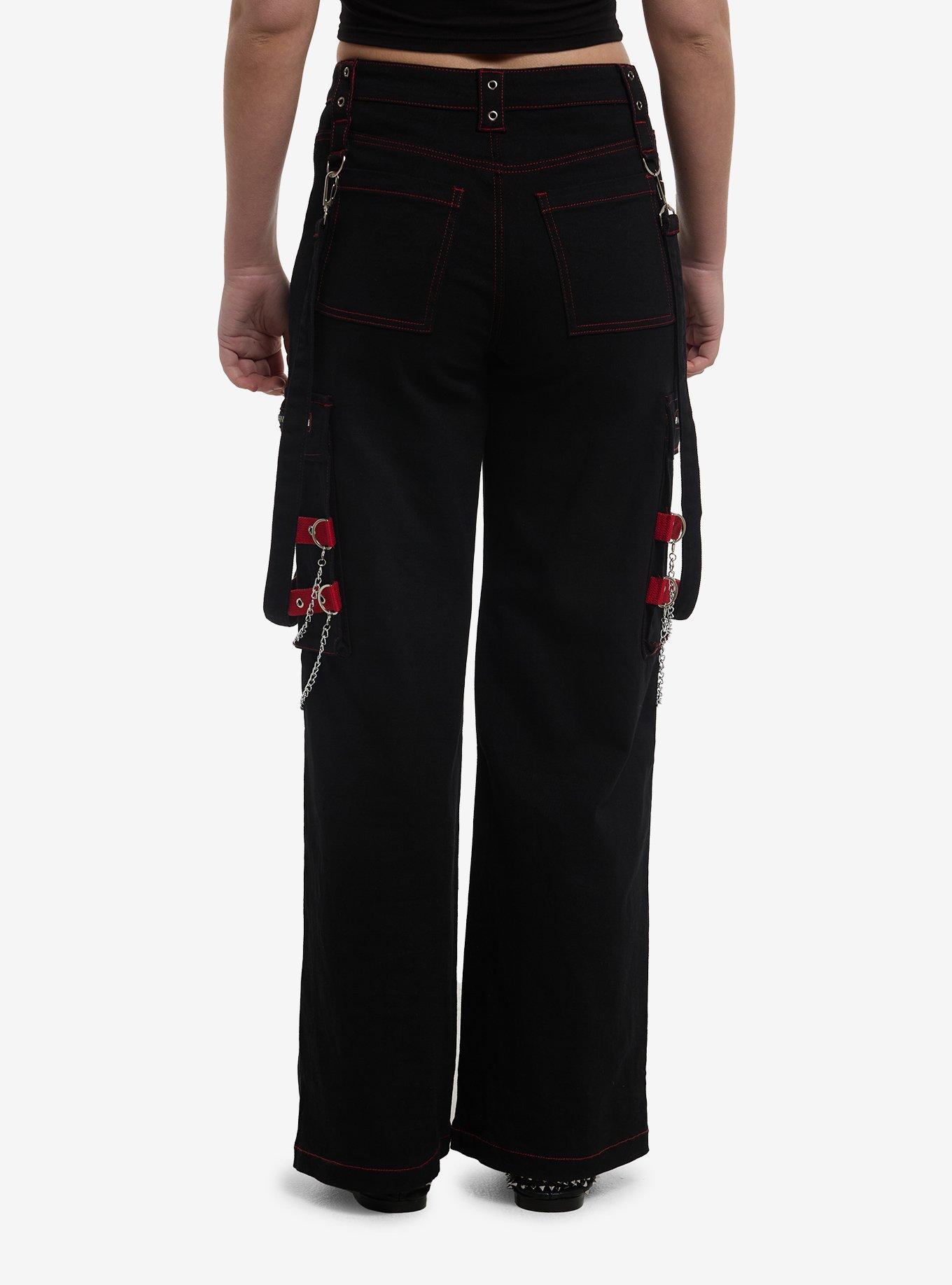 Black & Red Grommet & Chain Suspender Girls Wide Leg Jeans, , hi-res