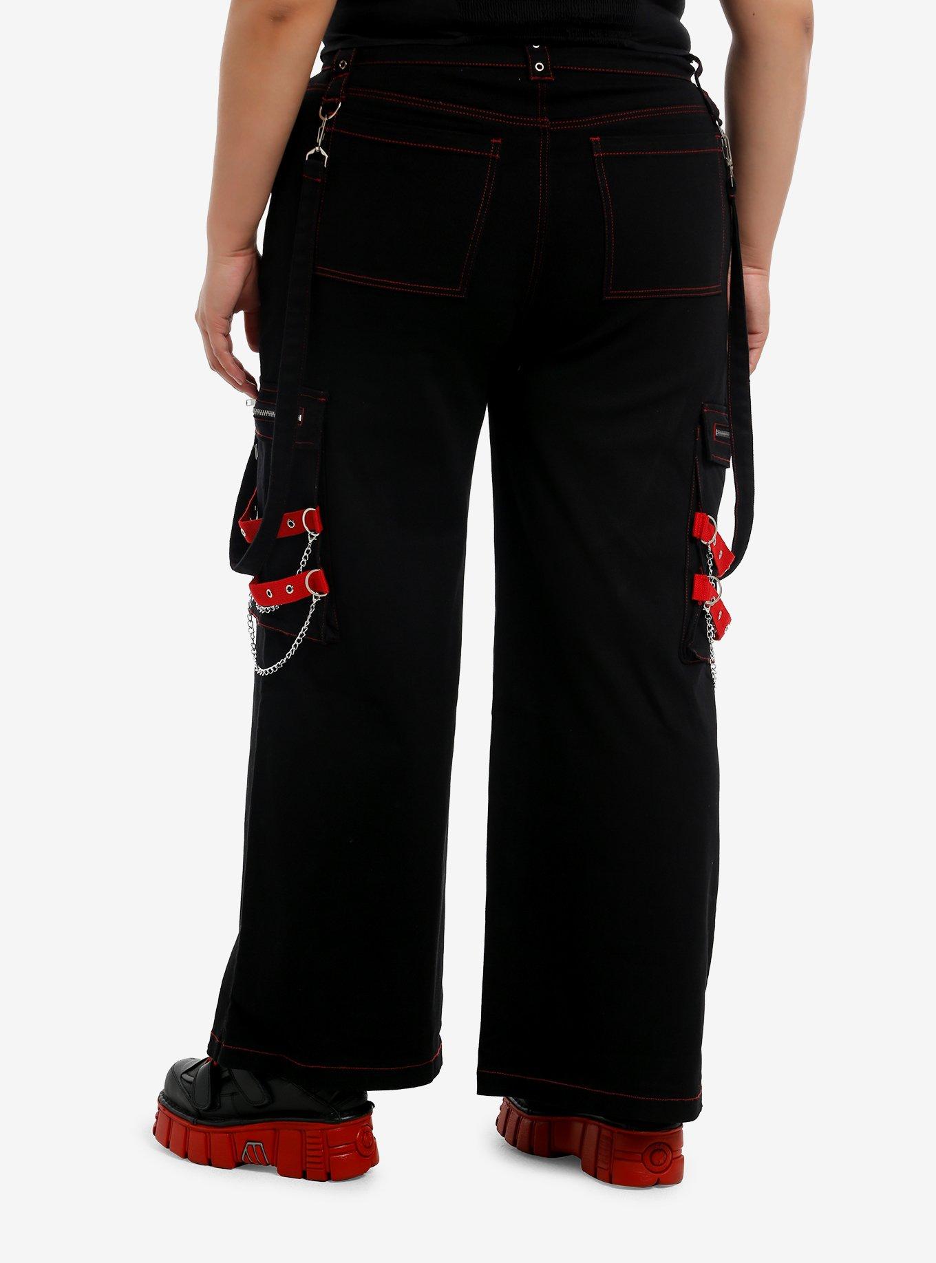 Black & Red Grommet & Chain Suspender Girls Wide Leg Jeans Plus Size, , hi-res