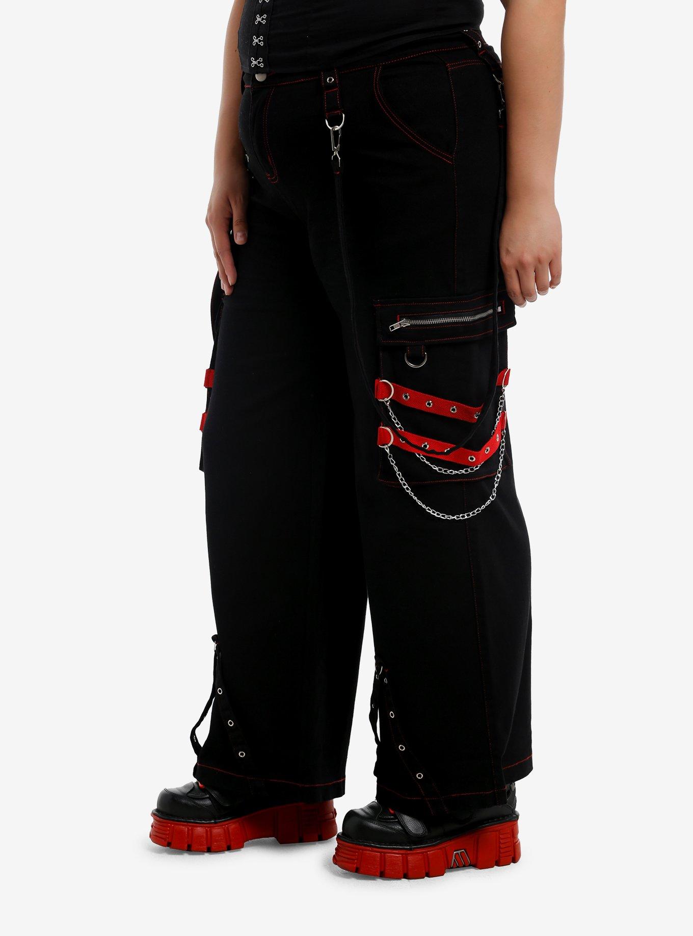 Black & Red Grommet & Chain Suspender Girls Wide Leg Jeans Plus Size, RED, alternate
