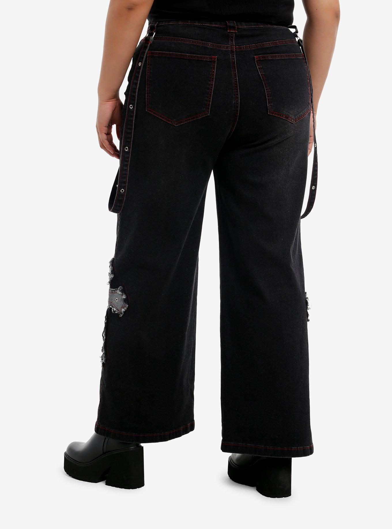 Black Faded Cross Patch Suspender Girls Wide Leg Jeans Plus Size, , hi-res