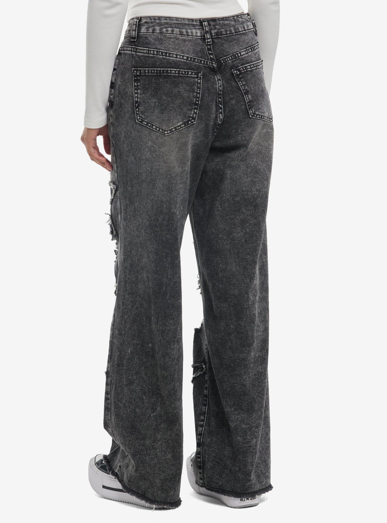 Grey & Black Frayed Star Girls Wide Leg Jeans, , hi-res
