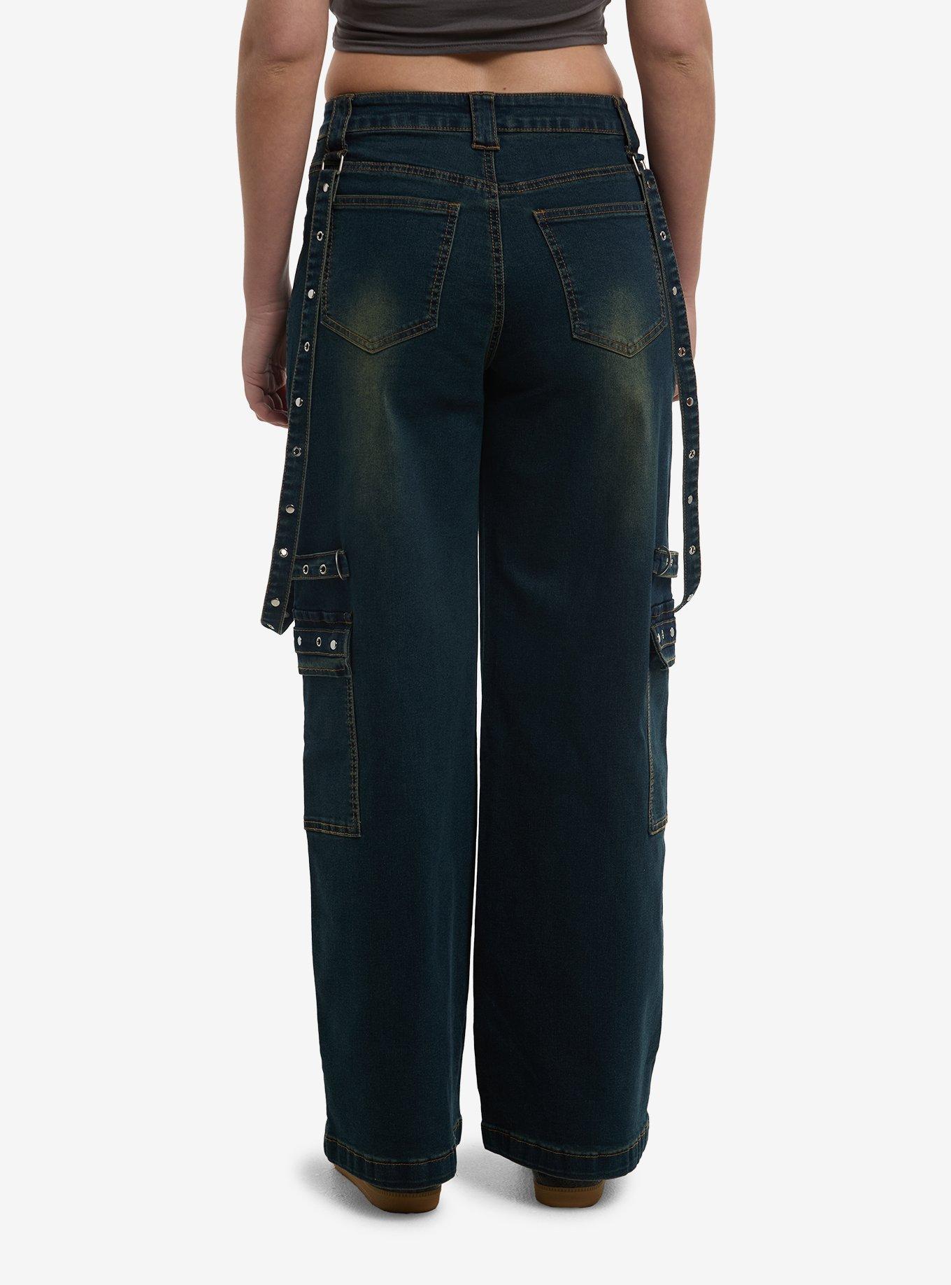 Dark Denim Grommet Suspender Wide Leg Cargo Jeans, , hi-res