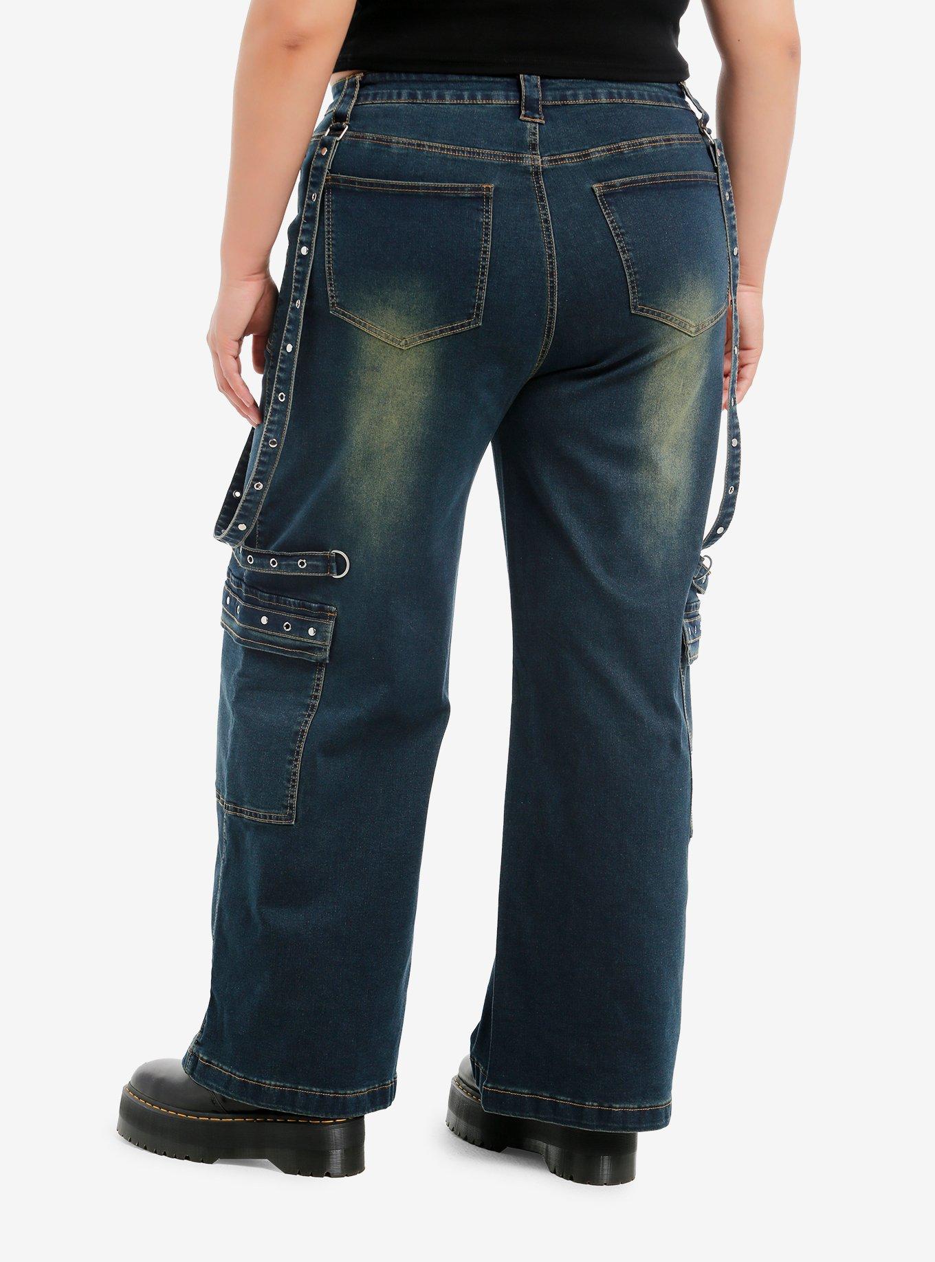 Dark Denim Grommet Suspender Wide Leg Cargo Jeans Plus Size, , hi-res