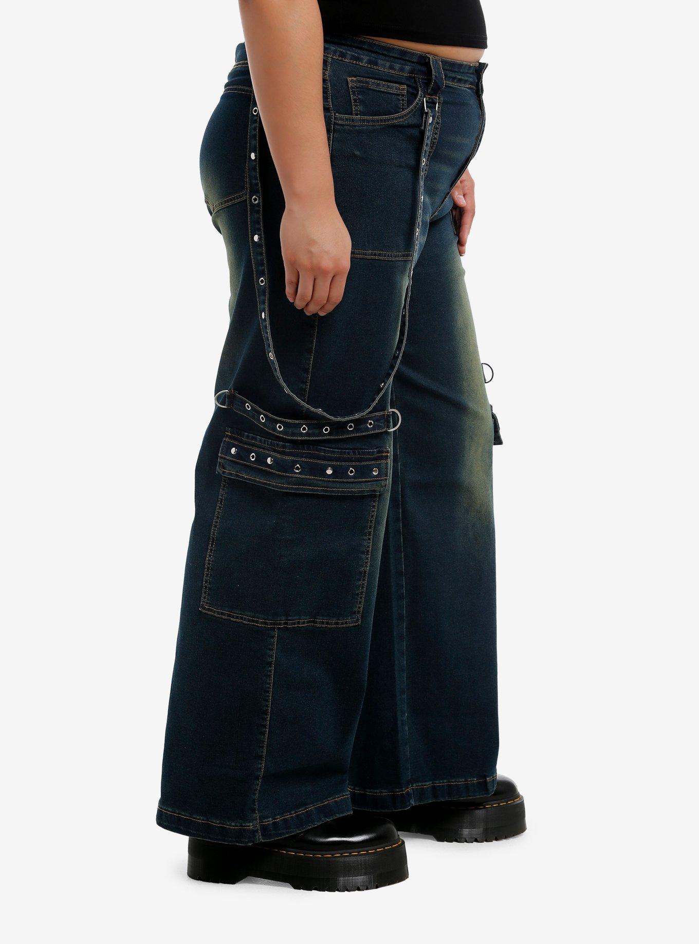 Dark Denim Grommet Suspender Wide Leg Cargo Jeans Plus Size, BLUE, alternate