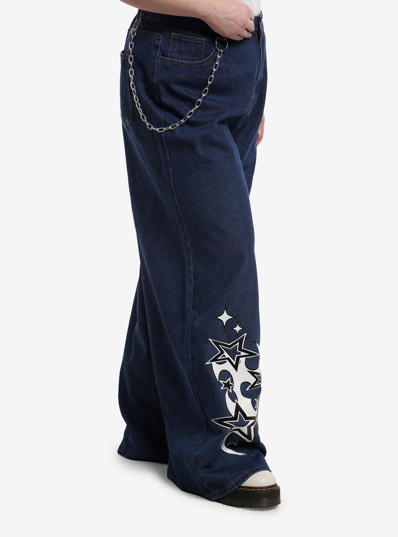 Dark Denim Star Sigil Jeans With Side Chain Plus Size, BLACK, alternate - view 3