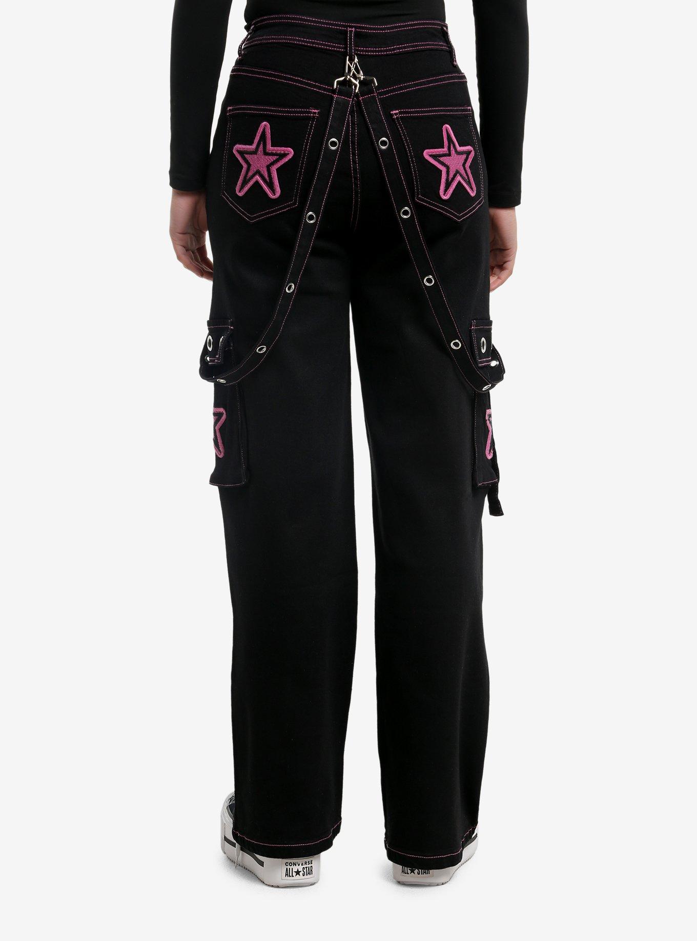 Black & Pink Star Suspender Cargo Pants, , hi-res