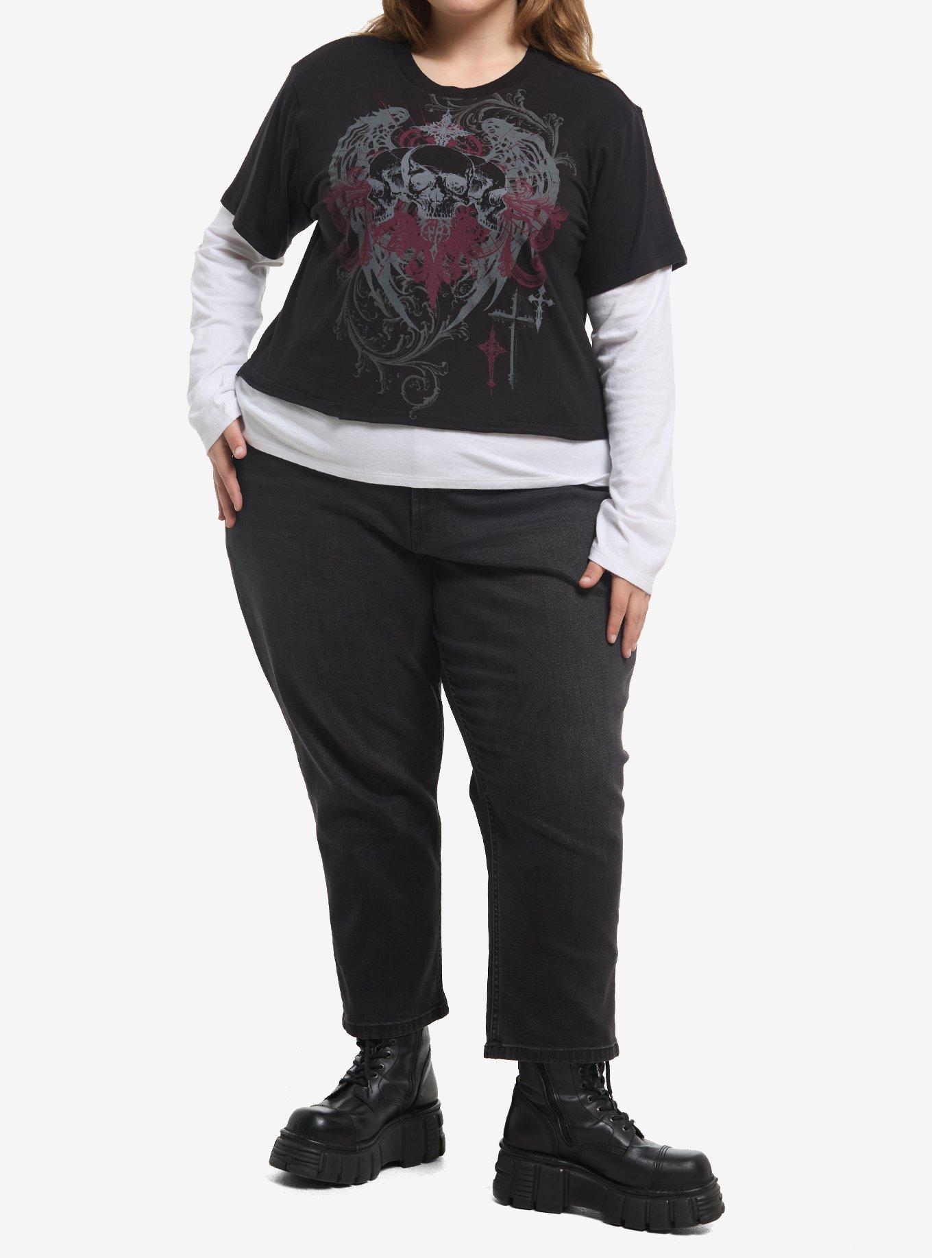 Social Collision Winged Skull & Cross Girls Twofer Long-Sleeve T-Shirt Plus Size, , hi-res