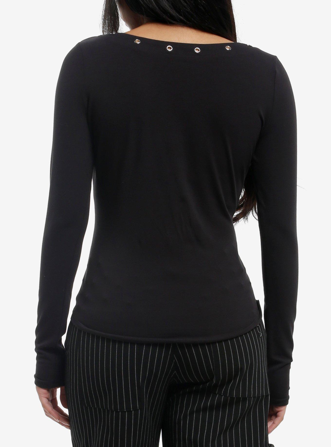 Black Skull Cross Grommet Long-Sleeve Top, GREY, alternate