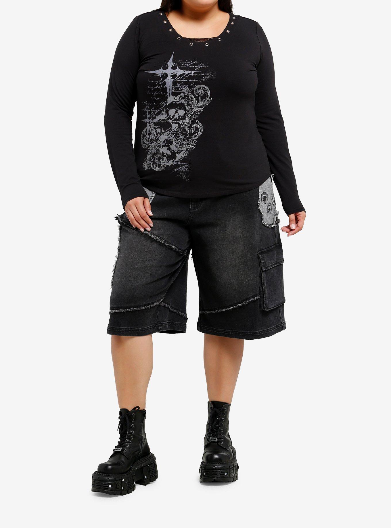 Black Skull Cross Grommet Long-Sleeve Top Plus Size, , hi-res